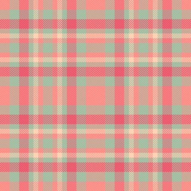 Tekstil desenli, ekose desenli bir kumaş. Kırmızı ve pastel renk paletinde bayan kumaş arkaplan vektör dokusu.