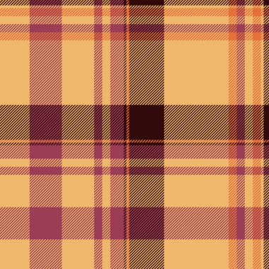 Sanatsal desenli tekstil kontrolü, kusursuz ekose kumaş vektörü. Kurdele deseni turuncu ve kırmızı renk paleti ile tartan kumaş arkaplan.