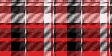 Tekstil tartını, ekoseli kumaşı kontrol et. Renkli arkaplan vektörü kırmızı ve siyah renk paletinde dikişsiz kumaş.