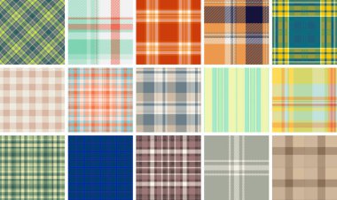 16 kusursuz ekose desenli canlı bir koleksiyon. Tekstil tasarımı, web sitesi geçmişi ya da moda projeleri için mükemmel. Çeşitli renk paletleri sunan ve biçimleri kontrol eden çok yönlü bir set.