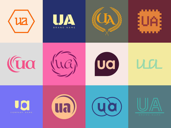 UA logo company template. Letter u and a logotype. Set different classic serif lettering and modern bold text with design elements. Initial font typography.