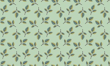 Pastel yeşil arka planda zarif, tekrarlayan yaprak deseni. Tekstil tasarımı, duvar kağıdı, ambalaj veya web sitesi geçmişi için mükemmel.