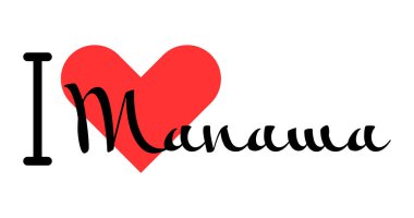 Bahreyn şehri Manama 'yı seviyorum. Kırmızı kalpli el yazısıyla yazılmış mektuplar. Vektör illüstrasyonu, modern tasarım