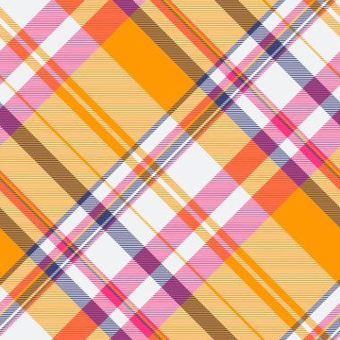 Canlı çapraz ekose desenli, güneşli turuncu, pembe ve mor renkli. Tekstil tasarımı, moda veya web sitesi geçmişi için mükemmel. Bu neşeli, modern tasarım sıcaklığı ve enerjiyi çağrıştırıyor..