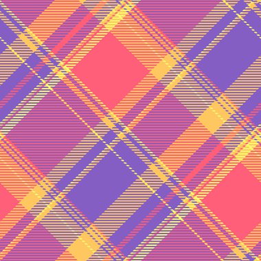Evlilik ekose kumaş desenli, kumaş dokusunu kusursuz gösteriyor. Mor ve kırmızı renk paletinde tartan arkaplan vektörünü kontrol et.