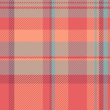 Tee dokusu vektör tekstili, ticaret desenli arka plan kumaşı. Kırmızı ve pastel renk paleti ile dikişsiz ekoseli tartan denetimi.
