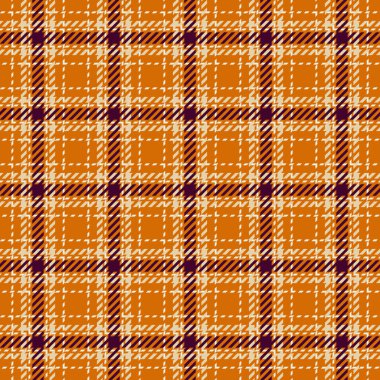 Resmi tartan kumaş deseni, kadife arkaplan kontrolü. Turuncu ve açık renk paletinde dikişsiz diğer kumaş dokusu vektörü.