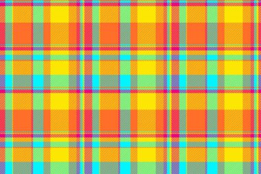 Kalıpsız arka plan tartan, kırsal doku tekstil vektörü. Parlak ve radyoaktif renk paletinde kare denetim deseni ekose kumaşı.