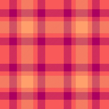 Tekstil tartan vektörü tasarla, soluk desenli kumaş dikişsiz. Kırmızı ve pembe renk paletinde arka plan ekoseli dokusu kontrol edildi.