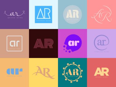 AR logo şirketi şablonu. A ve R harfleri logoti. Tasarım elemanları ile farklı klasik serif harfleri ve modern kalın metin ayarla. İlk yazı tipi tipografisi.