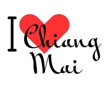 Tayland 'ın Chiang Mai şehrini seviyorum. Kırmızı kalpli el yazısıyla yazılmış mektuplar. Vektör illüstrasyonu, modern tasarım