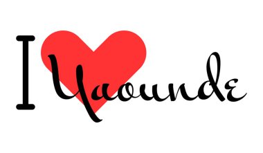 Yaounde 'yi seviyorum, Kamerun şehri. Kırmızı kalpli el yazısıyla yazılmış mektuplar. Vektör illüstrasyonu, modern tasarım