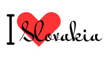 Slovakya 'yı seviyorum. Kırmızı kalpli el yazısıyla yazılmış mektuplar. Vektör illüstrasyonu, modern tasarım harfleri
