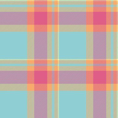 Tekrarlanabilir desensiz kumaş kontrolü, düzenli desenli tekstil vektörü. Cyan ve turuncu renk paletinde desenli ekose arka plan tartanı boya.