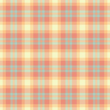 Renkli tekstil dikişsiz ekose, katmanlı tartan arkaplan kumaşı. Oturma odası vektör desenini turuncu ve açık renk paletinde kontrol et.