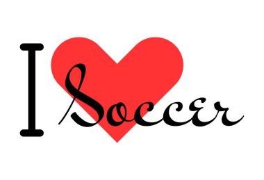 Futbolu seviyorum. Kırmızı kalpli el yazısıyla yazılmış mektuplar. Spor vektörü illüstrasyonu, modern tasarım harfleri