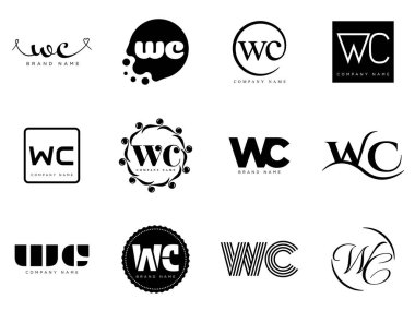 WC logo şirketi şablonu. Harf w ve c logoti. Tasarım elemanları ile farklı klasik serif harfleri ve modern kalın metin ayarla. İlk yazı tipi tipografisi.