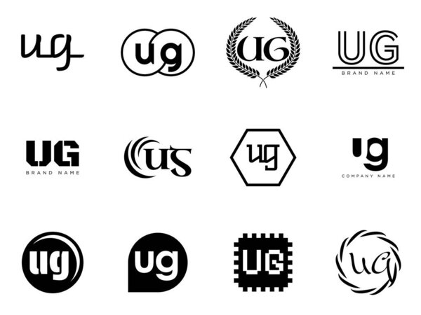 UG logo company template. Letter u and g logotype. Set different classic serif lettering and modern bold text with design elements. Initial font typography.