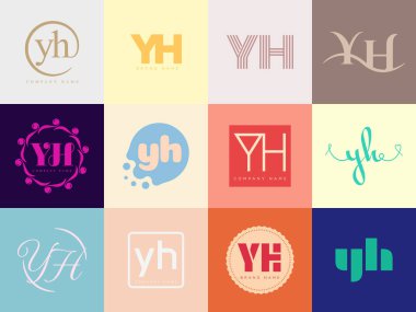 YH logo şirketi şablonu. Mektup y ve h logoti. Tasarım elemanları ile farklı klasik serif harfleri ve modern kalın metin ayarla. İlk yazı tipi tipografisi. Koleksiyon trend iş kimliği.