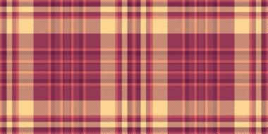 Yemek odası dokusu kontrol vektörü, ulusal tartan tekstili. Teamsız kumaş desenli ekose kırmızı ve kehribar renk paleti.