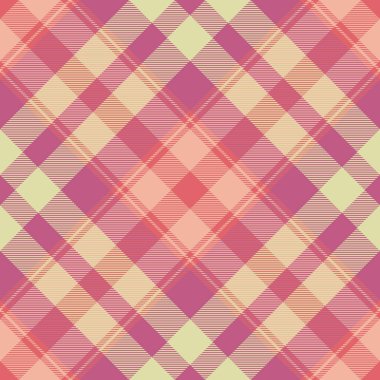 Çizik desenli ekose taşıyıcı, antika tekstil kumaş dikişsiz. Pembe ve turuncu renk paletinde tartan arkaplan deseni tekrar ediliyor.