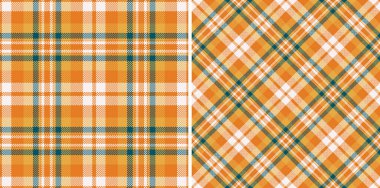 Ilık turuncu, deniz mavisi ve beyaz renkli iki canlı sonbahar ekose deseni. Sahte temalı tasarımlar, tekstil baskıları ve el işi projeleri için mükemmel..