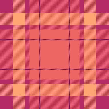 Telif hakkı kontrolü dokusu, kumaş desenli vektör tartan. Üniforma kumaş ekoseli, kırmızı ve pembe renk paletinde kusursuz..