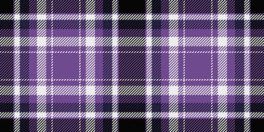 Fibröz desenli ekose kumaş, çeşitli tartan desenli vektör. Eflatun ve beyaz renk paletinde eşit kusursuz kumaş arkaplan kontrolü.