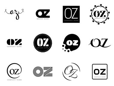 OZ logo şirketi şablonu. O ve z logoti harfleri. Tasarım elemanları ile farklı klasik serif harfleri ve modern kalın metin ayarla. İlk yazı tipi tipografisi. Koleksiyon trend iş kimliği.