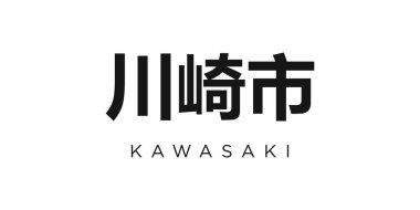 Kawasaki Japonya ambleminde baskı ve ağ anlamına geliyor. Tasarım, modern yazı tipinde cesur tipografiye sahip geometrik stil, vektör illüstrasyonuna sahiptir. Beyaz arkaplanda izole edilmiş grafiksel slogan harfleri.