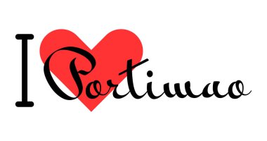 Portekiz 'in Portimao şehrini seviyorum. Kırmızı kalpli el yazısıyla yazılmış mektuplar. Vektör illüstrasyon harfleri, yazdırma tişörtü, afiş, poster, etiket veya etiket için modern tasarım.