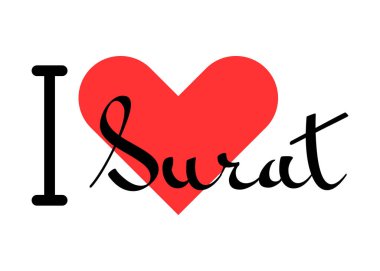 Hindistan 'ın Surat şehrini seviyorum. Kırmızı kalpli el yazısıyla yazılmış mektuplar. Vektör illüstrasyon harfleri, yazdırma tişörtü, afiş, poster, etiket veya etiket için modern tasarım.