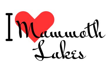 Mamut Gölleri 'ni seviyorum, Amerika Birleşik Devletleri' ni. Kırmızı kalpli el yazısıyla yazılmış mektuplar. Vektör illüstrasyon harfleri, yazdırma tişörtü, afiş, poster, etiket veya etiket için modern tasarım.