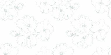 Zarif, açık mavi çiçek deseni. Beyaz zemin üzerinde narin bir çizgi sanat çiçekleri, tekstil, duvar kağıtları veya markalaşma için mükemmel, sakin ve sofistike bir tasarım oluşturur..