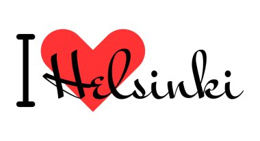 Helsinki 'yi seviyorum, Finlandiya' yı. Kırmızı kalpli el yazısıyla yazılmış mektuplar. Vektör illüstrasyon harfleri, yazdırma tişörtü, afiş, poster, etiket veya etiket için modern tasarım.