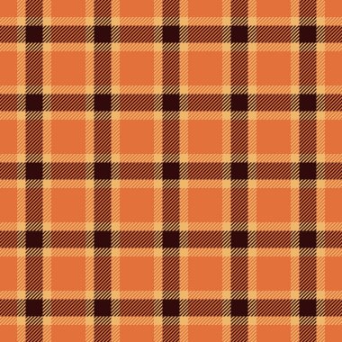 Ilık turuncu, kahverengi ve bej renkli canlı sonbahar ekose desenli. Hatalı temalı tasarımlar, tekstil baskıları, web sitesi geçmişi veya mevsimsel markalaşma için mükemmel.