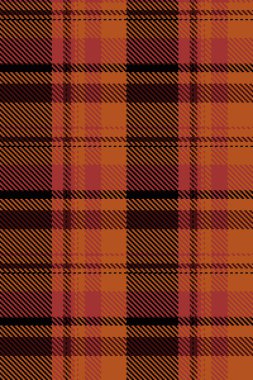Tebrik kumaş kontrol vektörü, kraliyet desenli ekose tartan. Tekrarlanabilir desenler turuncu ve siyah renk paletinde tekdüze arkaplan dokusu.