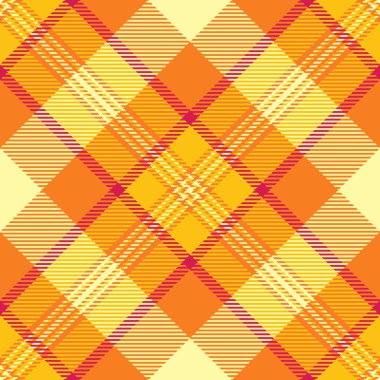 Sıcak turuncu ve sarı renklerde canlı sonbahar ekoseli desen. Tekstil tasarımları, sahte temalı projeler ya da herhangi bir tasarıma neşeli ve enerjik bir dokunuş eklemek için mükemmel..