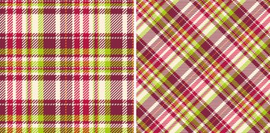 Kırmızı, yeşil ve kremalı canlı ekose desenler. Tekstil, web sitesi geçmişi veya şenlik tasarımları için mükemmel.