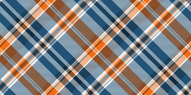 Serin maviler, ılık portakallar ve ince kahverengiler içinde canlı çapraz ekoseli desen. Tekstil tasarımı, moda veya web geçmişi için mükemmel.