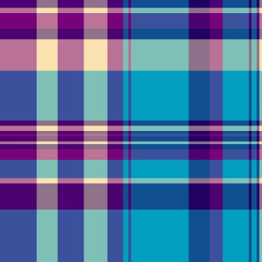 Süslü arka plan ekose desenli, Koreli vektör dikişsiz tekstil. Mavi ve mor renk paletinde tartan kumaşı çizimi yapılıyor.