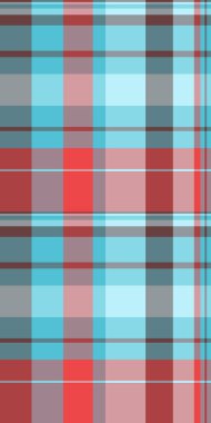 Piknik battaniyesi desenli tartan, ikonik kumaş desenli ekose kumaş. Cyan ve kırmızı renk paletinde geometri arkaplansız vektör dokusu.