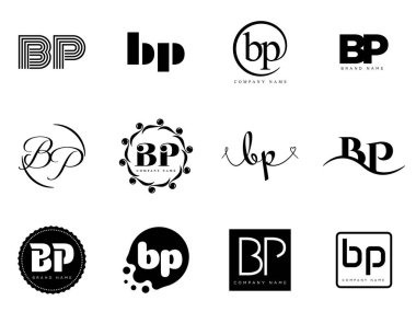 BP logo şirketi şablonu. B harfi ve p logoti. Tasarım elemanları ile farklı klasik serif harfleri ve modern kalın metin ayarla. İlk yazı tipi tipografisi. Koleksiyon trend iş kimliği.