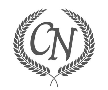 İlk harf C ve N, defne çelenkli CN monogram logo tasarımı. Kaligrafi yazı tipli lüks amblem.
