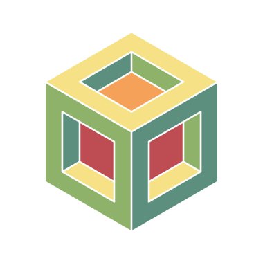 Soyut izometrik küp çizimi. İç içe geçmiş kareler ile çok renkli geometrik tasarım optik bir illüzyon ve derinlik hissi yaratır..