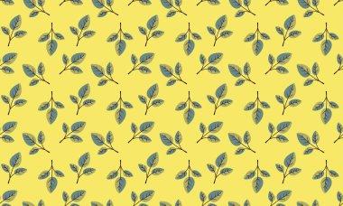 Hoş, pürüzsüz desenli, güneşli sarı arka planda narin deniz mavisi yaprakları. Tekstil baskıları, ambalaj tasarımı veya web sitesi geçmişi için mükemmel.