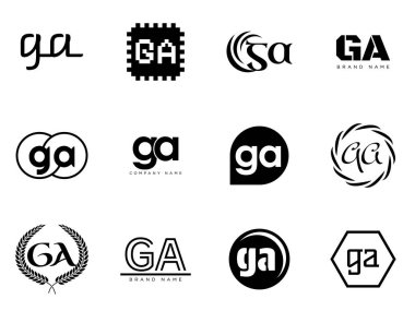 GA logo şirketi şablonu. G harfi ve logoti. Tasarım elemanları ile farklı klasik serif harfleri ve modern kalın metin ayarla. İlk yazı tipi tipografisi. Koleksiyon trend iş kimliği.