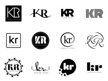 KR logo şirketi şablonu. K ve R harfleri logoti. Tasarım elemanları ile farklı klasik serif harfleri ve modern kalın metin ayarla. İlk yazı tipi tipografisi. Koleksiyon trend iş kimliği.
