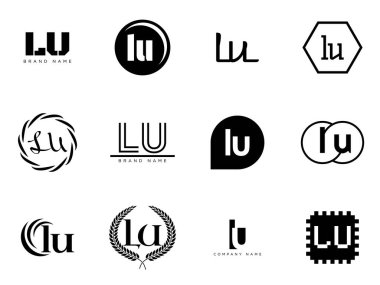 LU logo şirketi şablonu. I harfi ve senin logotin. Tasarım elemanları ile farklı klasik serif harfleri ve modern kalın metin ayarla. İlk yazı tipi tipografisi. Koleksiyon trend iş kimliği.