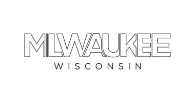 Milwaukee, Wisconsin, ABD tipografi sloganı. Baskı ve web ürünleri için grafik şehir harfleriyle Amerika logosu.